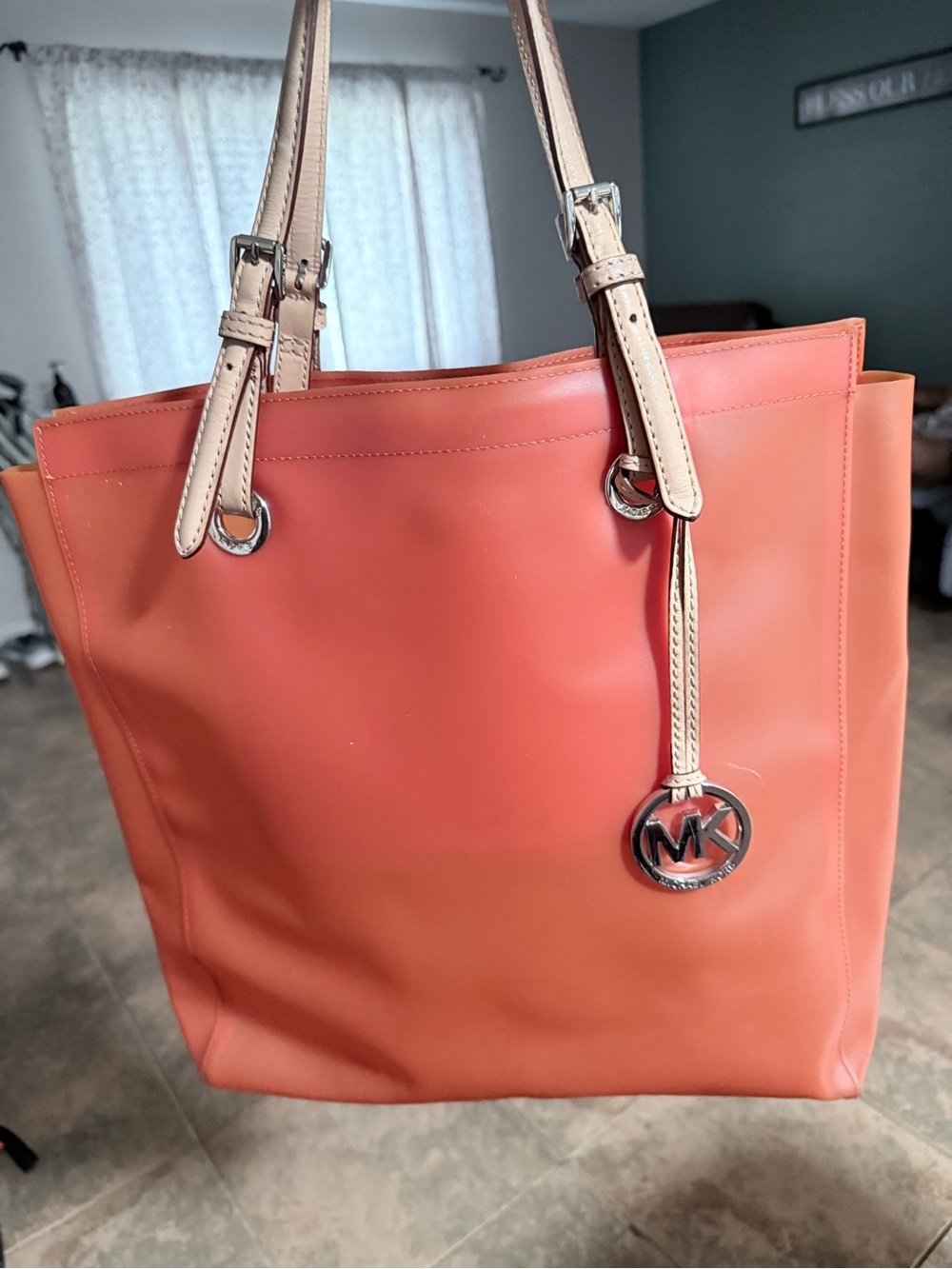 Michael Kors Coral-Orange Tote with Beige Straps and MK Charm